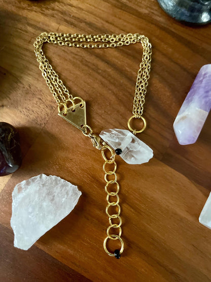 Clear quartz dangly three chain adjustable size bracelet | Witchy boho punk bracelet | Nickel Free Hypoallergic gold tone chain