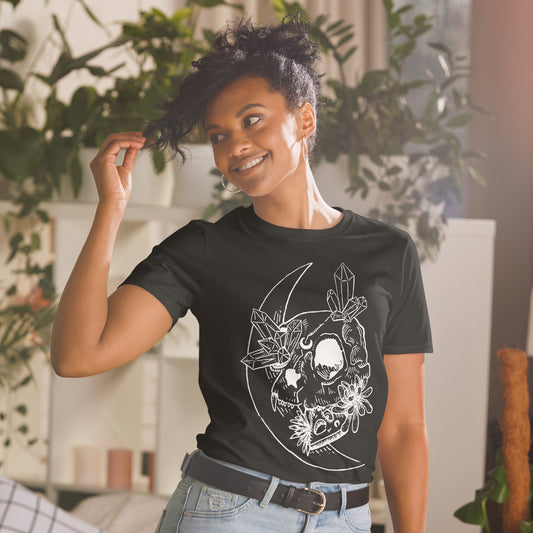 Cat Skull Short-Sleeve Unisex T-Shirt, White graphic on black t-shirt
