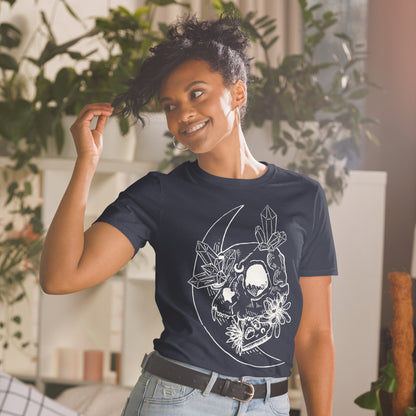 Cat Skull Short-Sleeve Unisex T-Shirt, White graphic on black t-shirt