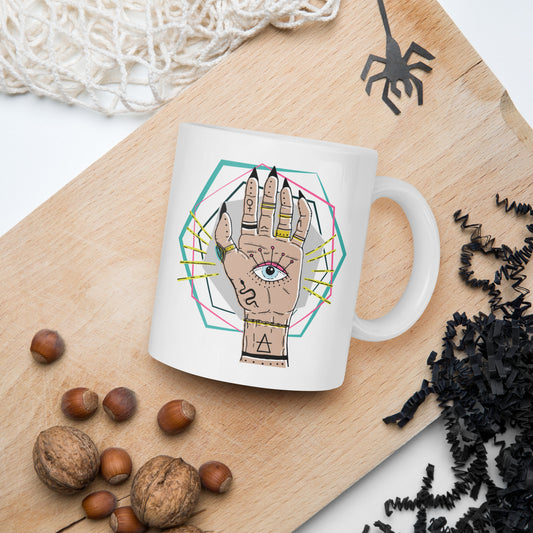 Mind's eye palm esoteric witchcore White glossy mug