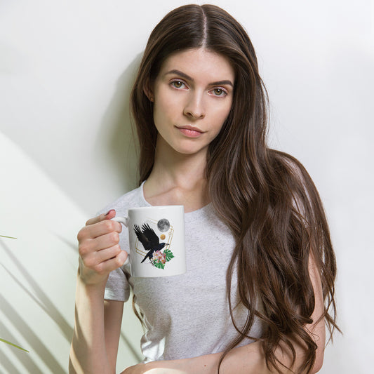 Raven Flight & Full Moon Collage Ceramic Coffee Mug - Mystical Vibes
